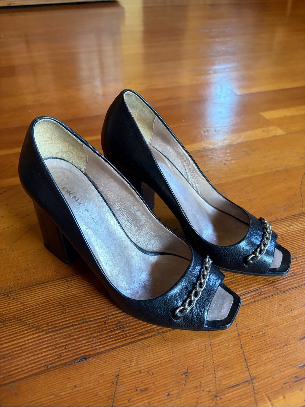 DKNY Black Leather Peep-Toe Chain Block Heels